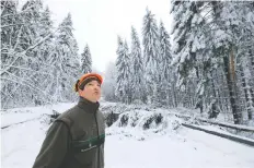  ??  ?? Un trabajador de la oficina para los bosques de Neudorf, Alemania, examina los árboles cubiertos de nieve cerca de una carretera.