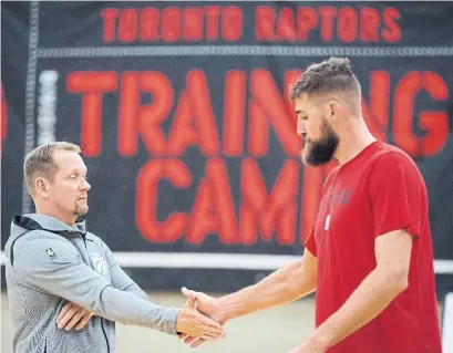  ?? JONATHAN HAYWARD THE CANADIAN PRESS ?? Raptors coach Nick Nurse says he has plenty of respect for centre Jonas Valanciuna­s because of his selfless and team-first attitude.