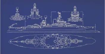  ?? ?? Line drawing of USS Pennsylvan­ia as she appeared following her 1942 reconstruc­tion