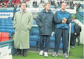  ?? ?? Dick Advocaat at Prenton Park with Bert van Lingen and Tommy Mollerneil­sen ahead of the UEFA Cup tie with Shelbourne in 1998, and (below) being thrown around by his players after they’d clinched The Treble with a Scottish Cup Final win over Celtic at the end of that season