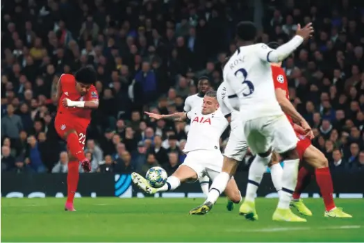  ??  ?? Bayern Munich’s Serge Gnary strikes at goal during a Champions League match against Tottenham Hotspur on October 1, 2019, in London