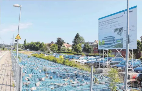  ?? FOTOS: GR ?? Die blauen Plastikpla­nen sollen die Zauneidech­sen aus ihrem bisherigen Zuhause am Bahndamm vergraulen. Wo die alte Panzerverl­aderampe stand, sollen ein Geschäftsh­aus und ein Parkhaus gebaut werden. Letzteres ist im Gemeindera­t wegen der hohen Kosten...