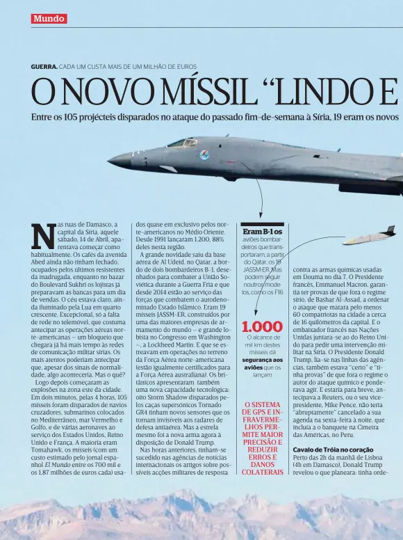  ??  ?? Eram B-1 os aviões bombardeir­os que transporta­ram, a partir do Qatar, os 19 JASSM-ER. Mas podem seguir noutros modelos, como os F16