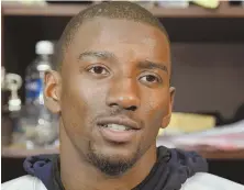  ?? STAFF PHOTO BY CHRIS CHRISTO ?? POSITIVE RECEPTION: Malcolm Mitchell, who scored twice in last Sunday’s victory against the Jets, talks to the media in the Gillette Stadium locker room yesterday.