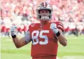  ??  ?? “I take pride in my run game,” 49ers tight end George Kittle said. “That’s how I grade myself in games. Passing yards and receiving yards take care of themselves. I take pride in it.”