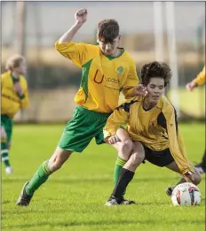  ??  ?? Rathnew’s Ross Quinn and Avonmore’s Tomas Fernandez compete for possession.