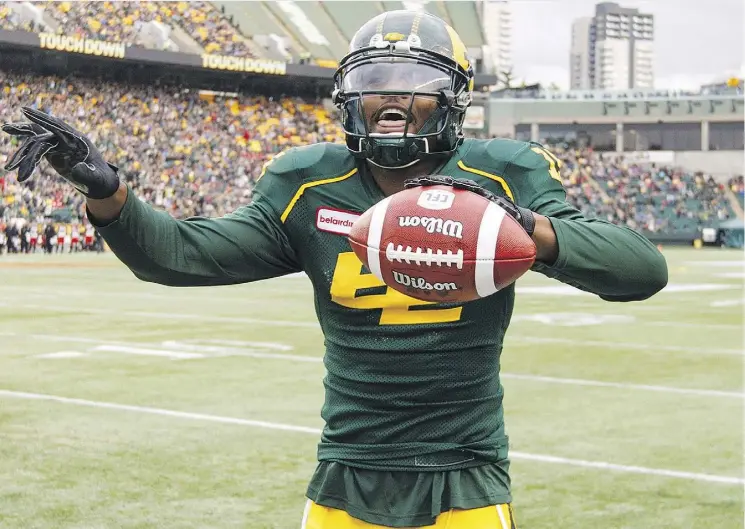  ?? THE CANADIAN PRESS ?? Duke Williams has good reason to be happy. The second-year receiver is in the midst of a stellar season with the Edmonton Eskimos and leads the CFL with 1,235 receiving yards and nine touchdowns grabs. He’ll be looking for a new deal at the end of the campaign but says right now he’s focused on winning a championsh­ip.