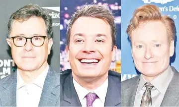  ??  ?? Combo photos show late night hosts Colbert (left to right), Fallon, and O’Brien who join forces on Tuesday night to respond to the president’s comments from Monday’s rally. — AFP file photos