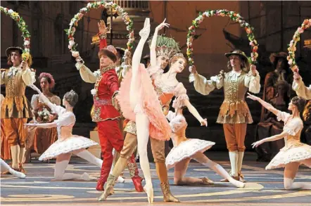  ?? ?? Zakharova (centre), a principal dancer of the Bolshoi Ballet, and other dancers seen during a rehearsal at the Bolshoi Theatre in Moscow. — reuters