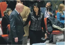  ?? AP ?? Russia’s ambassador to the UN, Vassily Nebenzya, left, and the US ambassador, Nikki Haley, are at odds over a resolution condemning Iran’s supply of weapons to the Houthis