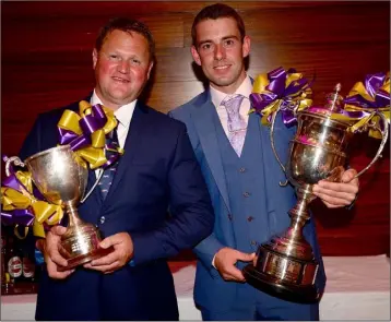  ??  ?? Colin Bowe, Easyfix leading handler winner, and Barry O’Neill, Irish Field top jockey, for the 2017-’18 point-to-point season, received their trophies at the annual awards ceremony at Clayton Whites Hotel, Wexford. Near neighbours in Kiltealy, they...