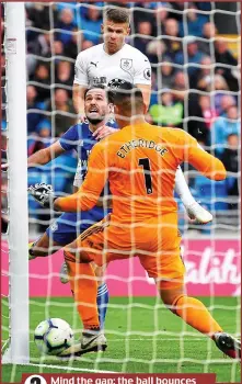  ??  ?? Mind the gap: the ball bounces between Etheridge and his post