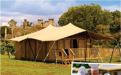  ??  ?? Happy campers: A safari tent in the grounds of Woolley Grange in Wiltshire. Right, a cooking class