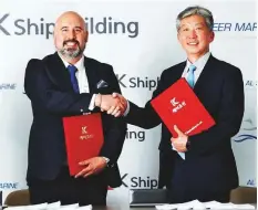  ?? ?? The agreement was signed at the company’s office in Abu Dhabi by Gunther Alvarado, Chief Operating Officer of Al Seer Marine and Y.K. Jang, CEO of K Shipbuildi­ng. The four vessels will be delivered before end 2024.