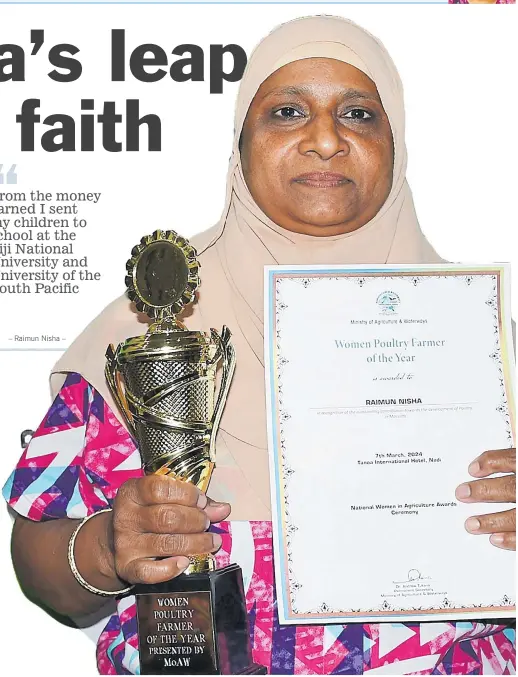  ?? Picture: BALJEET SINGH ?? Raimun Nisha with her trophy at the National Women in Agricultur­e Awards Night at Tanoa Internatio­nal in Nadi.