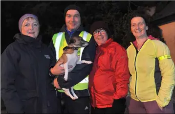  ??  ?? ‘Buddy’ with his friends Terri McIntyre, Pat and Caroline Ferguson and Rosemary Long who took part in the Torchlight Walk in aid of MS Ireland held in Carlingfor­d.