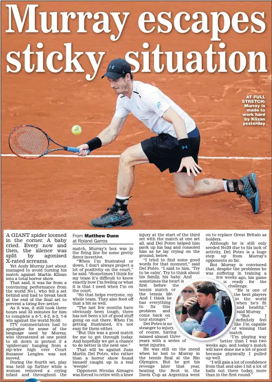 ?? Picture: CHRISTIAN HARTMANN ?? AT FULL STRETCH: Murray is made to work hard by Klizan yesterday