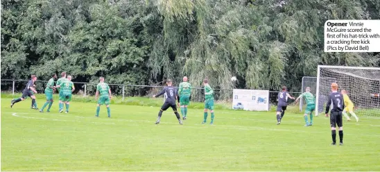  ??  ?? Opener Vinnie Mcguire scored the first of his hat-trick with a cracking free kick (Pics by David Bell)