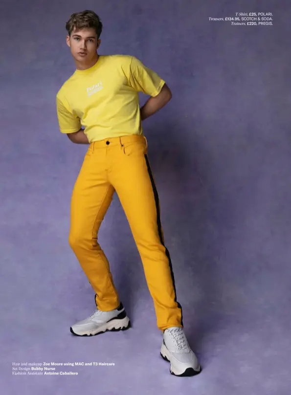  ??  ?? Hair and makeup Zoe Moore using MAC and T3 Haircare Set Design Bubby NurseFashi­on Assistant Antoine CaballeroT-Shirt, £25, POLARI. Trousers, £134.95, SCOTCH &amp; SODA.Trainers, £220, PREGIS.