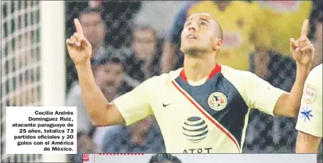  ??  ?? Cecilio Andrés Domínguez Ruiz, atacante paraguayo de 25 años, totaliza 73 partidos oficiales y 20 goles con el América de México.