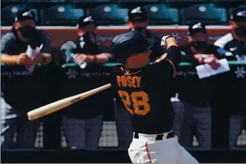  ?? PHOTO BY CARMEN MANDATO — GETTY IMAGES ?? Buster Posey of the San Francisco Giants loses grip of the bat during the first inning of a spring training game against the Chicago White Sox at Scottsdale Stadium on March 4 in Scottsdale, Ariz.