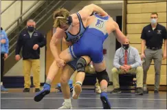  ?? AUSTIN HERTZOG — MEDIANEWS GROUP ?? North Penn’s William Morrow, facing, tries to take down Bensalem’s Connor Eck during the 145-pound final at the District 1-3A North tournament on Saturday.