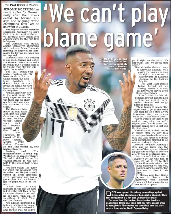  ??  ?? UP IN ARMS: Boateng shows his frustratio­n during the unlikely loss to Mexico