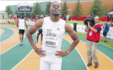  ?? JASON FRANSON/THE CANADIAN PRESS ?? Brendon Rodney smiles after winning the men’s 200-metre final in Edmonton Sunday. He earned a spot in Rio.