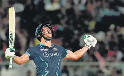  ?? BCCI ?? David Miller celebrates after hitting the winning runs for Gujarat Titans against Rajasthan Royals in Qualifier 1 at the Eden Gardens on Tuesday.