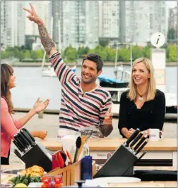  ??  ?? Show host Kim D’eon ( left) kibitzes with authors Anthony Sedlak and Trish Magwood and celebrity chefs during filming of the show in False Creek.