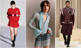  ??  ?? Skirts for men: left to right, Stefan Cooke, Ludovic de Saint Sernin, Burberry. Composite: