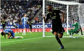  ?? Photograph: Pau Barrena/AFP/Getty Images ?? Karim Benzema celebrates after putting Real Madrid in front against Espanyol with two minutes to go.