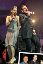 ??  ?? Imelda performing with Bono, above, and, right, with her band, including ex-husband Darrel (second from left)