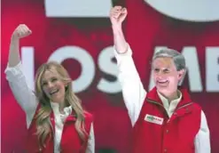  ??  ?? TOLUCA, Mexico: Alfredo Del Mazo, Mexico state gubernator­ial candidate for the ruling Institutio­nal Revolution­ary Party, or PRI, and his wife Fernanda Castillo greet supporters at the party’s headquarte­rs in the capital of Mexico state on Sunday. —AP