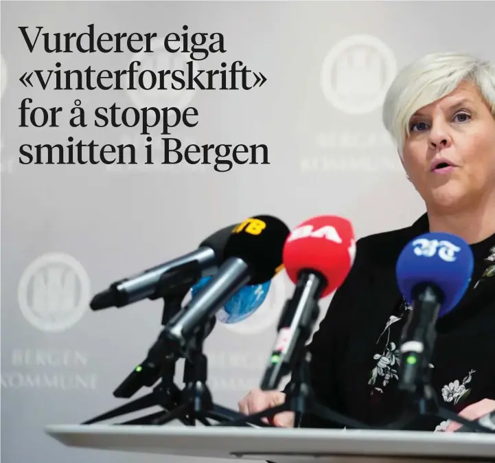  ??  ?? Helsebyråd Beate Husa (KrF) under måndagens pressekonf­eranse om koronatilt­aka i Bergen.