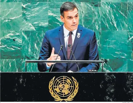  ?? JUSTIN LANE / EFE ?? El presidente del Gobierno, Pedro Sánchez, interviene en la Asamblea General de la ONU de 2019, en Nueva York.