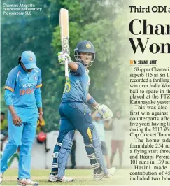  ??  ?? Chamari Atapattu celebrates her century Pic courtesy SLC