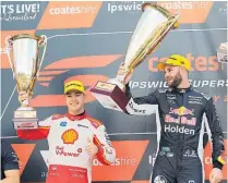  ??  ?? Shane Van Gisbergen (right) on the podium, and leading Scott McLaughlin in the Supercars Ipswich SuperSprin­g.