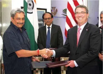  ?? PHOTOGRAPH: PIB ?? Defence Minister Manohar Parrikar’s visit to US and expected meeting with US Secretary of Defense Ashton
Carter may kickstart new dimensions in US-India relationsh­ip