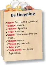  ??  ?? Resto: Don Rogelio (Córdoba). Medios: Infobae. Perfume: Agustino. Ropa: Agustino. un Libros: “El arte de cerrar trato”. Celular: iPhone. Tarjeta: Mastercard. Auto: BMW. Línea aérea: Aerolíneas Argentinas.