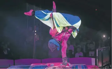  ?? Pictures: DAYLIN PAUL ?? ROLL UP: Clockwise from top left, Brazilian performers on spinning wheels; the Rubtsov Troupe acrobats; Ukrainian gymnasts performing on the horizontal bars; and balancing artist Andrey Katkov performing his Prince of Persia routine