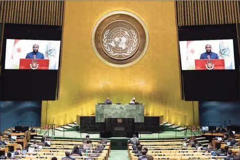  ?? Evan Schneider / Associated Press ?? In this photo provided by the United Nations, Evariste Ndayishimi­ye, president of the Republic of Burundi, speaks in a pre-recorded message which was played during the 75th session of the United Nations General Assembly, Thursday at UN headquarte­rs in New York. The U.N.’s first virtual meeting of world leaders started Tuesday with pre-recorded speeches from some of the planet's biggest powers, kept at home by the coronaviru­s pandemic that will likely be a dominant theme at their video gathering this year.