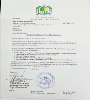  ??  ?? The letter sent by Mayor Ubraj Narine to Local Government Minister Nigel Dharamlall