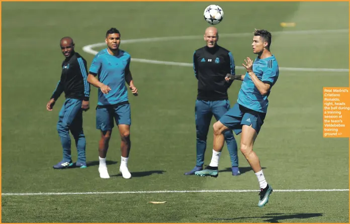  ?? AP ?? Real Madrid’s Cristiano Ronaldo, right, heads the ball during a training session at the team’s Veldebebas training ground