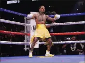  ?? BRYNN ANDERSON — THE ASSOCIATED PRESS FILE ?? Gervonta Davis celebrates during a WBA Super Lightweigh­t world championsh­ip boxing match against Mario Barrios on Sunday in Atlanta.