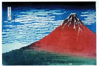  ??  ?? ‘Clear day with a southern breeze’ (‘Red Fuji’) from the ‘Thirty-six Views of Mt Fuji’, colour woodblock, 1831 (British Museum)