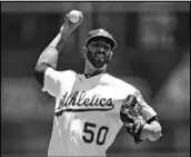  ??  ?? EYE OF THE STORM
In this 2019 photo, Oakland Athletics pitcher Mike Fiers works against the Texas Rangers in the first inning of a baseball game, in Oakland.