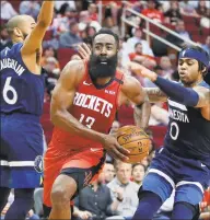  ?? Michael Wyke / Associated Press ?? Rockets guard James Harden drives to the basket between Timberwolv­es guard Jordans McLaughlin (6) and D’Angelo Russell during a game in March.