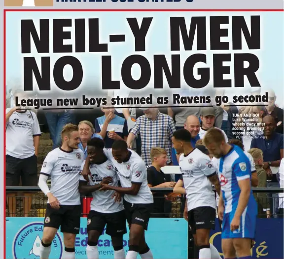  ?? PICTURE: Shutter Press ?? TURN AND GO! Luke Wanadio wheels away after scoring Bromley’s second goal