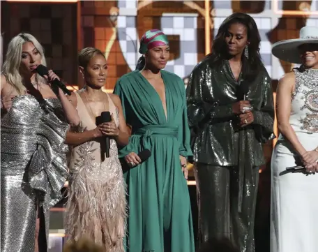  ?? AP PHOTOS ?? STAR POWER: From left, Lady Gaga, Jada Pinkett Smith, Alicia Keys, Michelle Obama and Jennifer Lopez speak at the 61st annual Grammy Awards on Sunday.